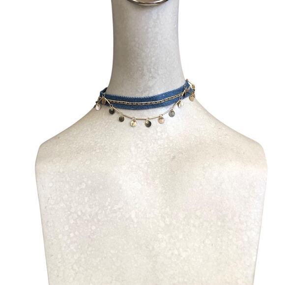 ettika NWOT Denim And Gold Plated Brass Disc Chain Lobster Clasp Choker Necklace - Picture 1 of 7